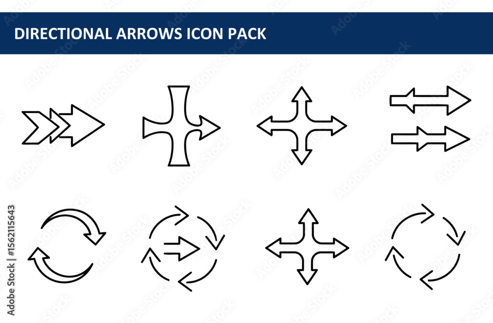 Poster Directional arrows icons in various forms displayed on a white background. Collection of simple, black line directional arrows for design elements or website use.