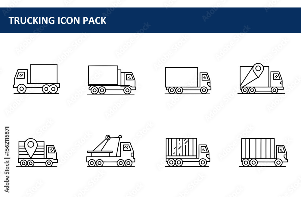 Poster trucking icon pack with various types of trucks in a simple line art style. side profile views of di