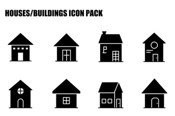 Fototapeta premium Black and white silhouettes of various house styles. Simple, flat vector graphics of houses with different architectural features.