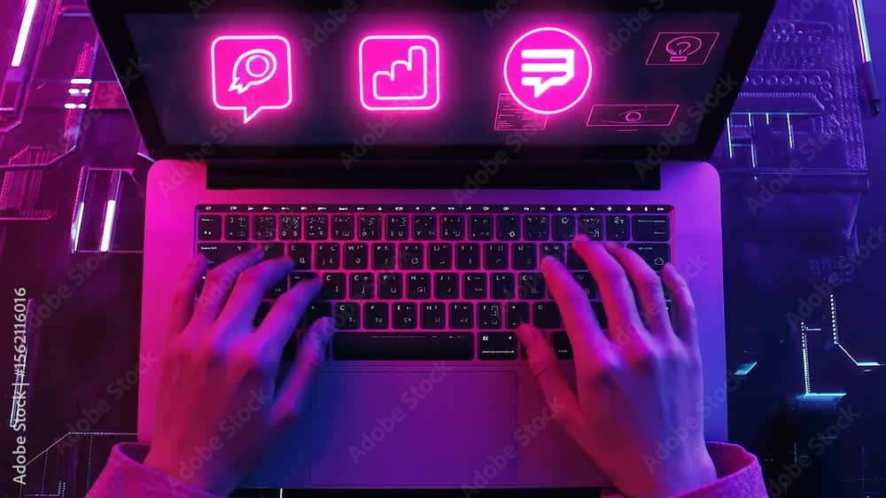 Poster person typing on a laptop with glowing interface.