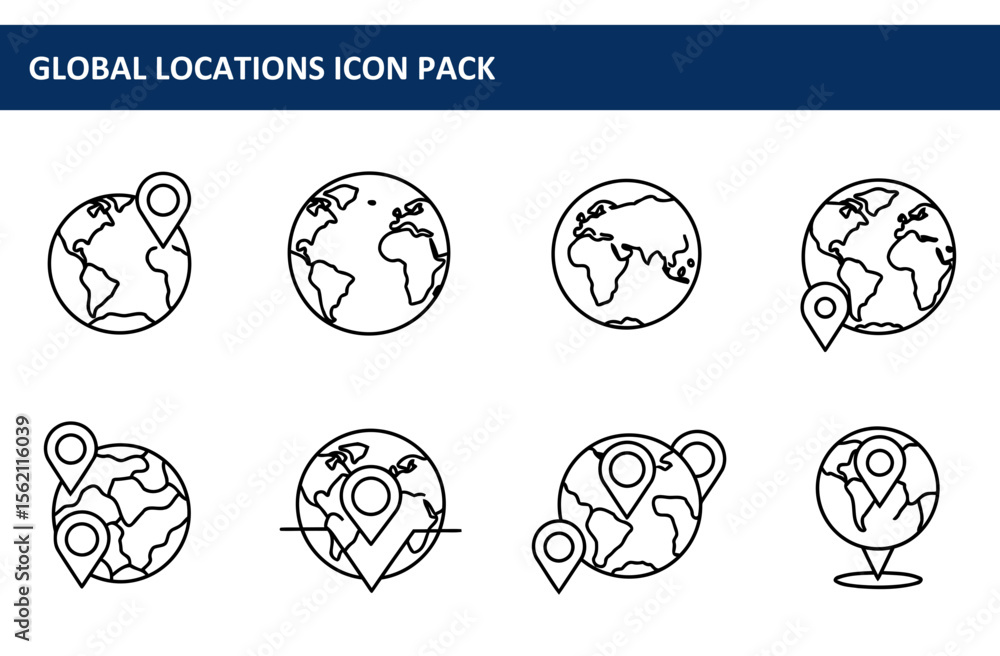 Poster global locations icon pack showing world maps with location pin icons. simple, modern line art graph