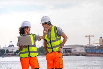 Two engineers wearing safety vests and helmets inspect port operations near the waterfront. They...