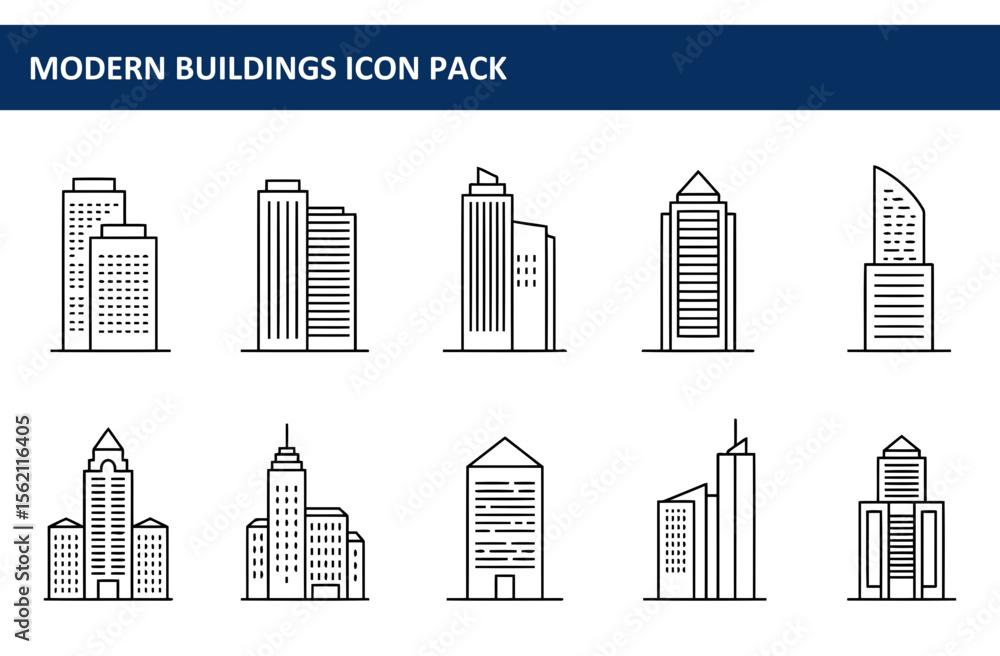 Poster modern building icons in various styles. collection of architectural designs with different facades 