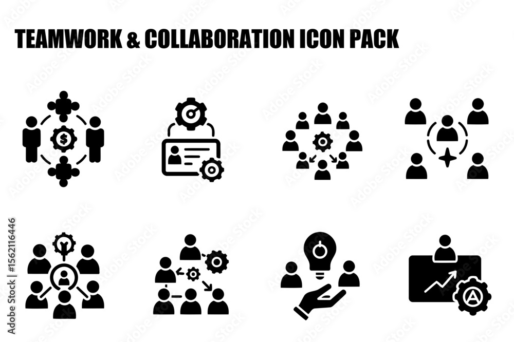 Poster teamwork and collaboration icons with various business scenarios in a professional setting. group in