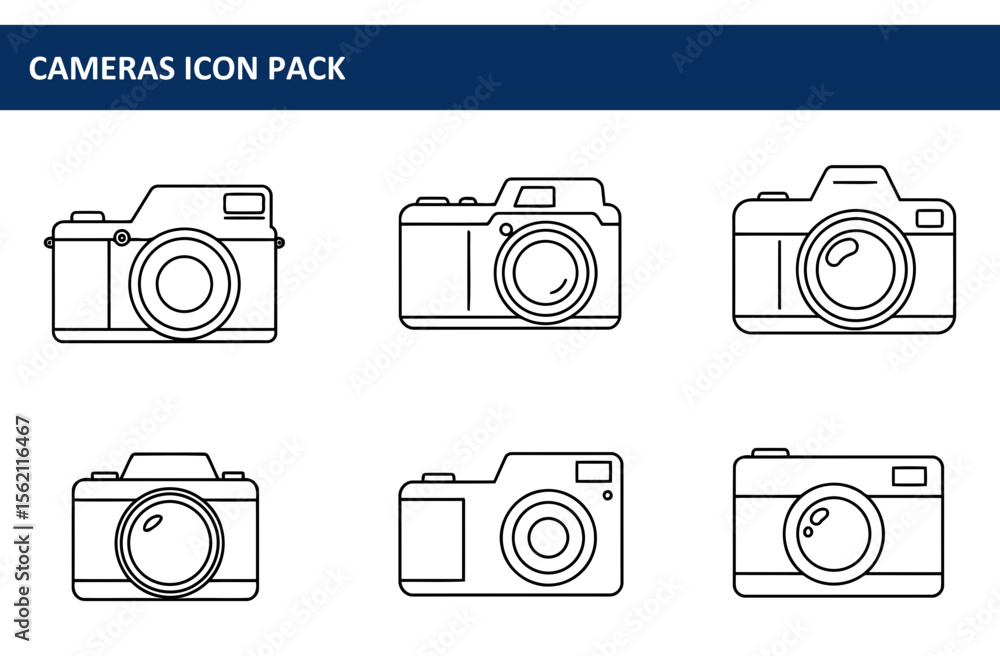 Aufkleber line art camera icons in various styles. simple, graphic camera designs displayed in a grid format.