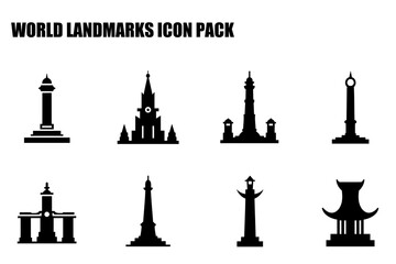 World landmarks silhouettes in black and white. Architectural designs of iconic monuments and structures.