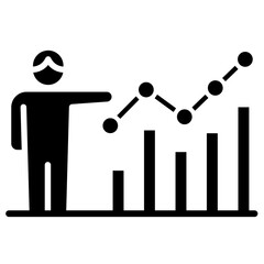 Made in uk a person points to a graph with bars showing upward trends vector icon solid style.