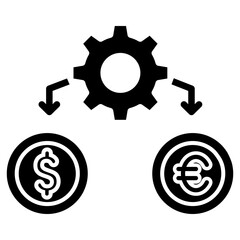 Made in uk gear connected to dollar and euro coins symbolizing global trade vector icon solid style.