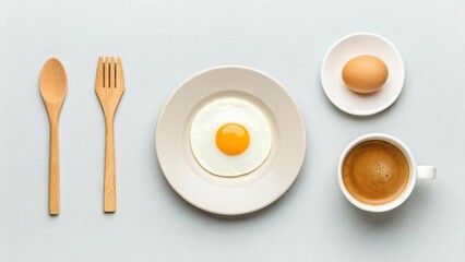 Simple Breakfast Fried Egg, Coffee, and Utensils