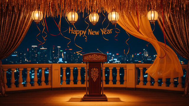 podium stage set up for celebrating Happy New Year. - Powered by Adobe