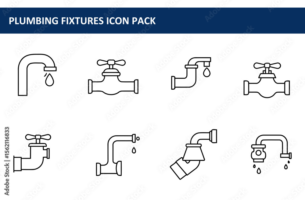 Poster plumbing fixtures icon pack showing various types of faucets and pipes. simple line drawings of diff