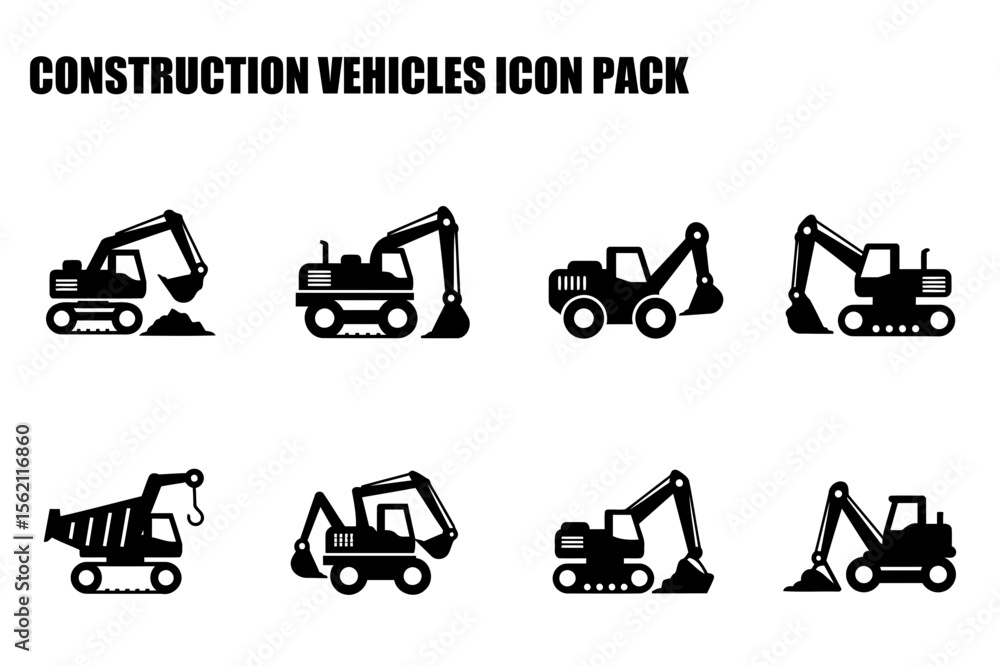 Poster construction vehicles icon pack with various models in different actions