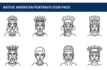 Fototapeta premium Native American male portraits in traditional headdresses and adornments. Portraits in a line art style with various facial expressions.