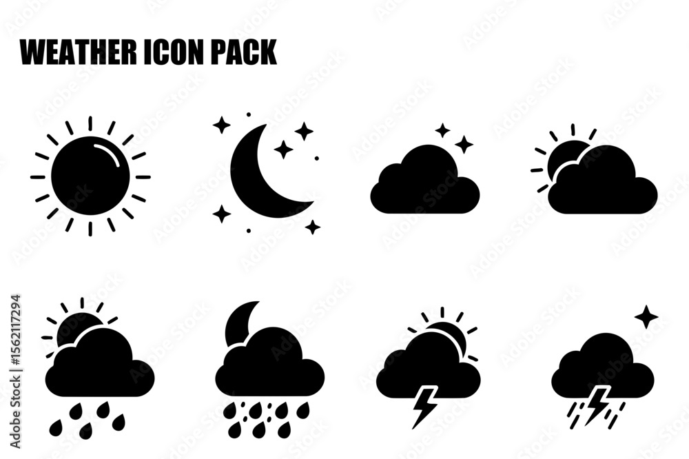 Poster weather icon pack depicting various weather conditions. simple, solid icons in a clean design for ap