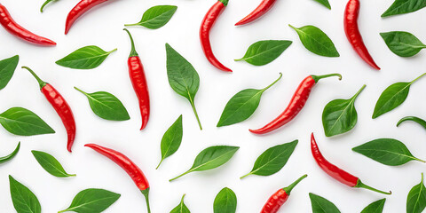 Red chili peppers and green leaves isolated on white background