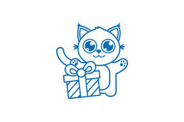 Cute outline feline with blue color is presenting a colorful wrapped gift box