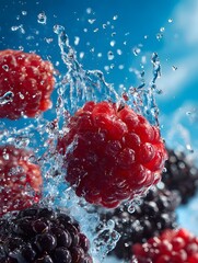 Berries Splashing in Water with Vibrant Blue Background
