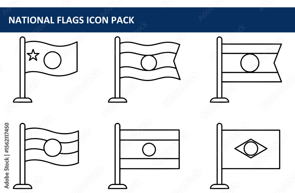 Poster national flags of various countries in a simple line art style with a flagpole and base. outline ico