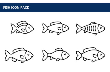 Fish icons in a variety of species, set against a clean white background, suitable for a fishing themed design. Simple, modern icons with stylized depiction of fish.