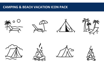 Camping and beach vacation icon set featuring various recreational activities. Simple line drawings of beach loungers, beach umbrellas, tents, palm trees, and campfires.