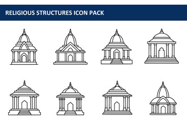 Obraz premium Religious structures icon set with various architectural styles. Simple line drawings of temples/shrines with detailed rooflines and columns, presented as a graphic collection.