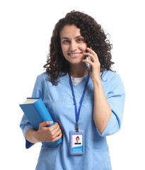 Medical student with book talking on phone against white background
