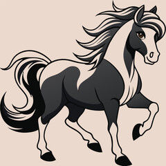 Cartoon Pinto Horse Illustration with Flowing Mane and Tail on a Light Beige Background Vector Graphic