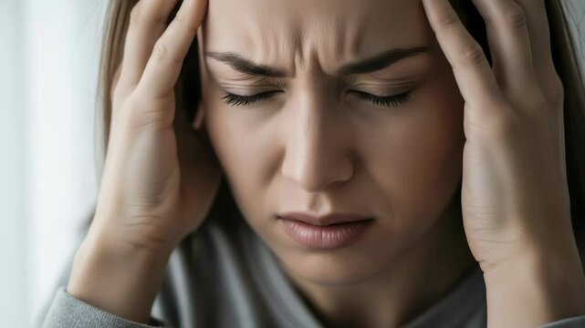 Young Woman Expressing Pain and Frustration Holding Her Head