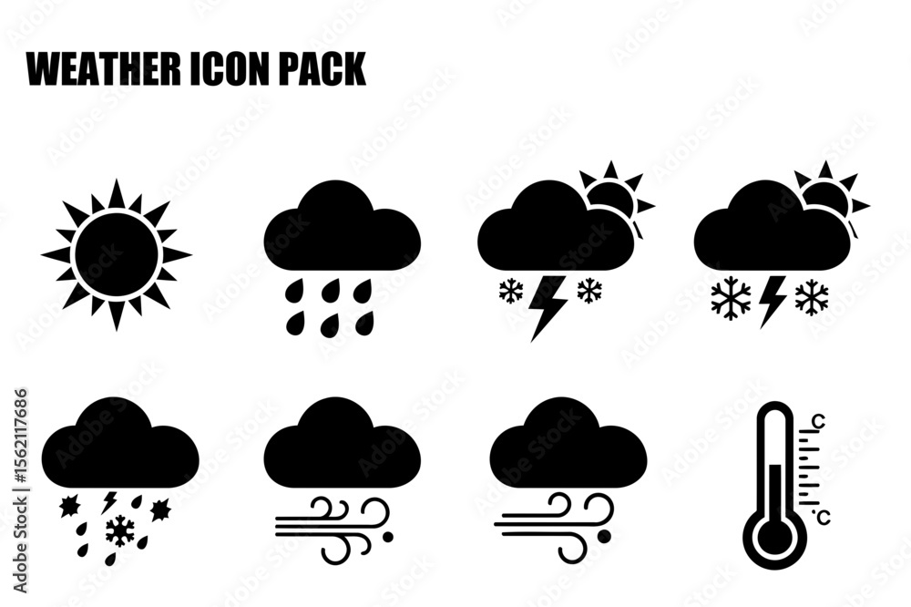 Poster weather icon pack displaying various weather conditions. simple, black and white icons representing 