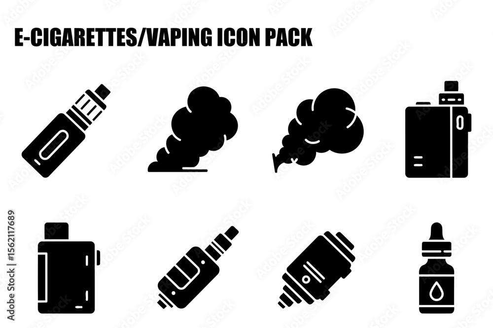Poster e-cigarette and vaping device icons in a collection of black silhouettes against a white background.
