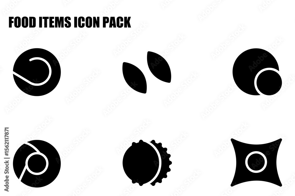 Aufkleber food items icon pack displaying various simple shapes of food items. set of black and white icons sh
