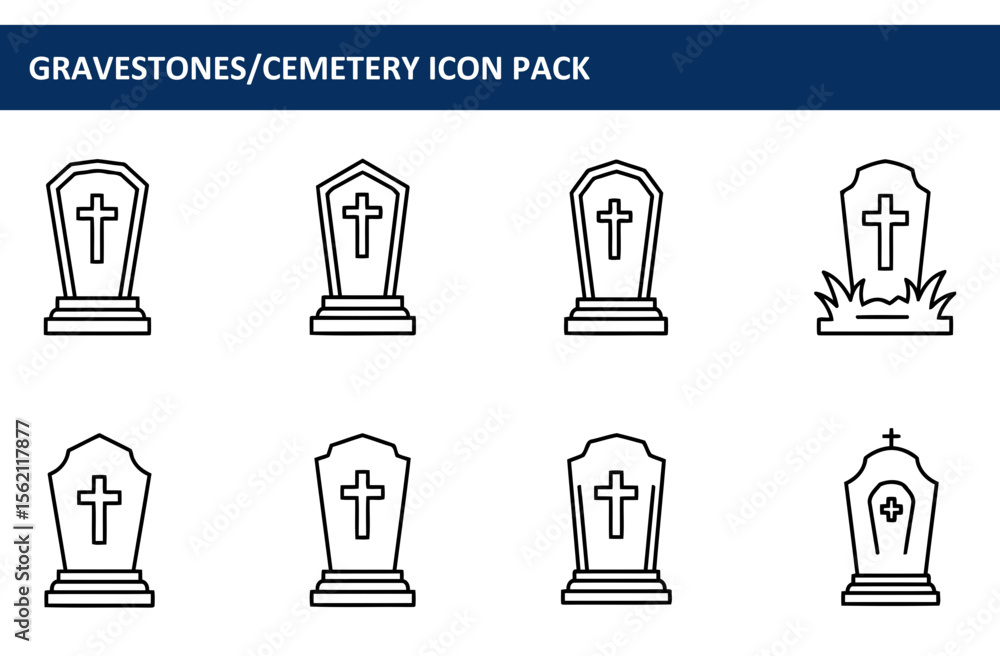 Poster gravestone icons with various details in a simple line art style. depicting different gravestone sty