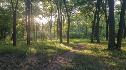 Obraz premium Sun rays shining through the trees in a forest setting