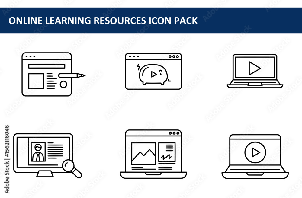 Poster online learning resources icon set depicting various digital tools for education. simple line drawin
