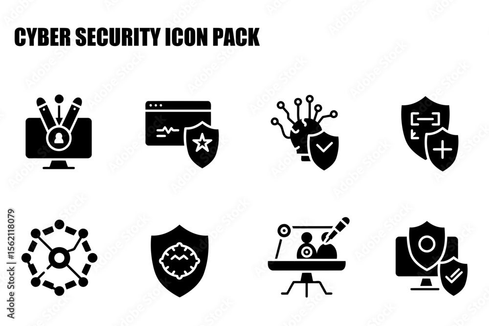 Poster cybersecurity icon set featuring various protective measures. icons illustrating data security, netw