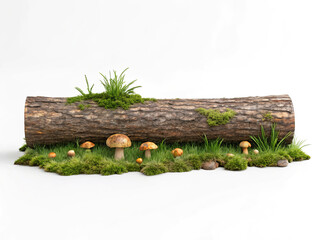 Log with moss and mushrooms isolated on white background