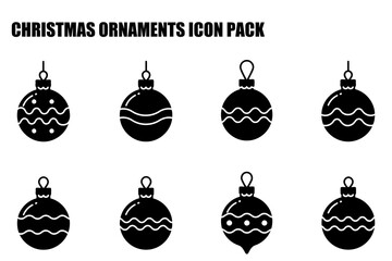Christmas ornament icons in various styles displayed on a plain background. Simple black and white silhouette illustrations of Christmas ornaments with hanging loops.