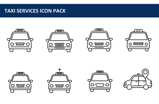 Taxi service icons in various configurations. Front-facing views of different taxi vehicles displayed against a plain white background.
