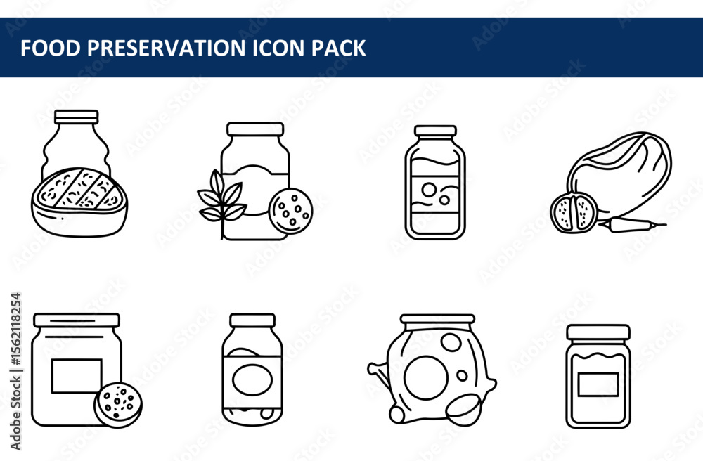 Poster food preservation icon set showing various methods, with containers and prepared foods. simple line 