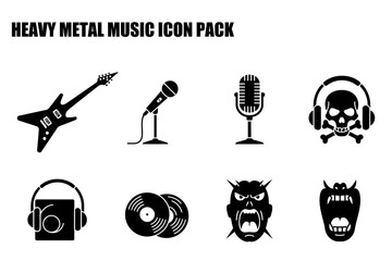 Heavy metal music icon pack showcasing various instruments and symbols. Collection of black and white music icons for use in a graphic design context.