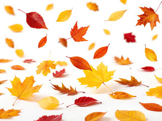 Colorful autumn leaves falling isolated on white background