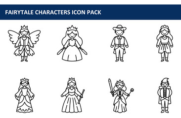 Fairy tale character icons in various costumes, standing in a white background. Characters in regal and fantasy attire, depicting diverse roles and stories.