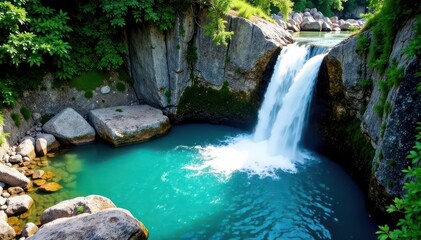 Clear turquoise water flows down steep rocks into a pool , blue, flora, clear