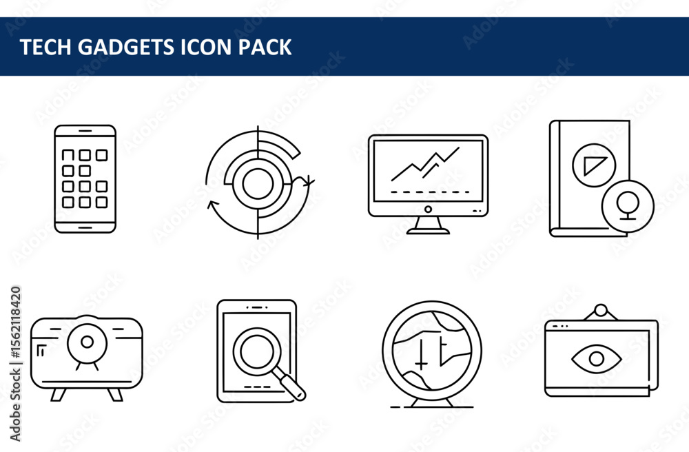 Aufkleber tech gadgets icon pack showcasing various devices and tools for different purposes. simple line art 