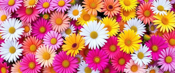 Vibrant daisies in diverse colors form a cheerful floral backdrop with ample blank space, blog, advertising © Poom
