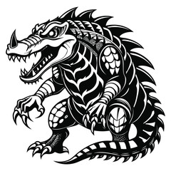 Stylized Black and White Illustration of a Fierce Dragon with Sharp Claws and Spikes Isolated on White Background