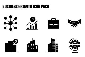 Business growth icons in a collection. Black and white icons representing various business concepts for growth.
