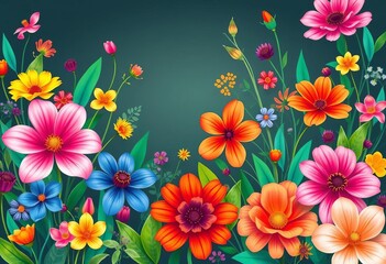 Vibrant spring floral background with colorful blowing flowers and leaves in vector art style, nature, spring