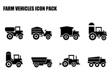 Farm vehicles icon set, showing various types of agricultural machinery. Side profile views of tractors and trucks with trailers.