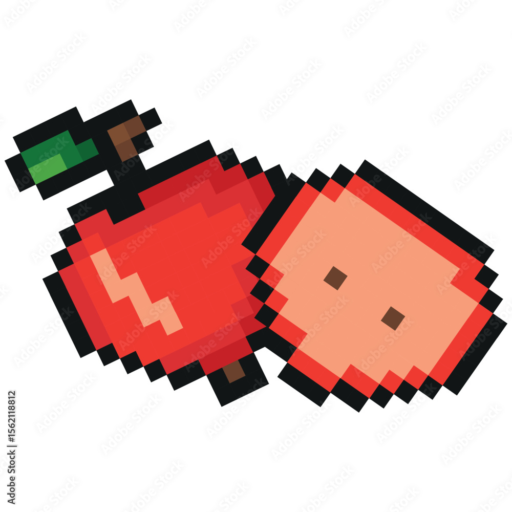 Poster pixel art style garden fruit icon, namely apple icons, retro 8-bit graphics style with visible squar